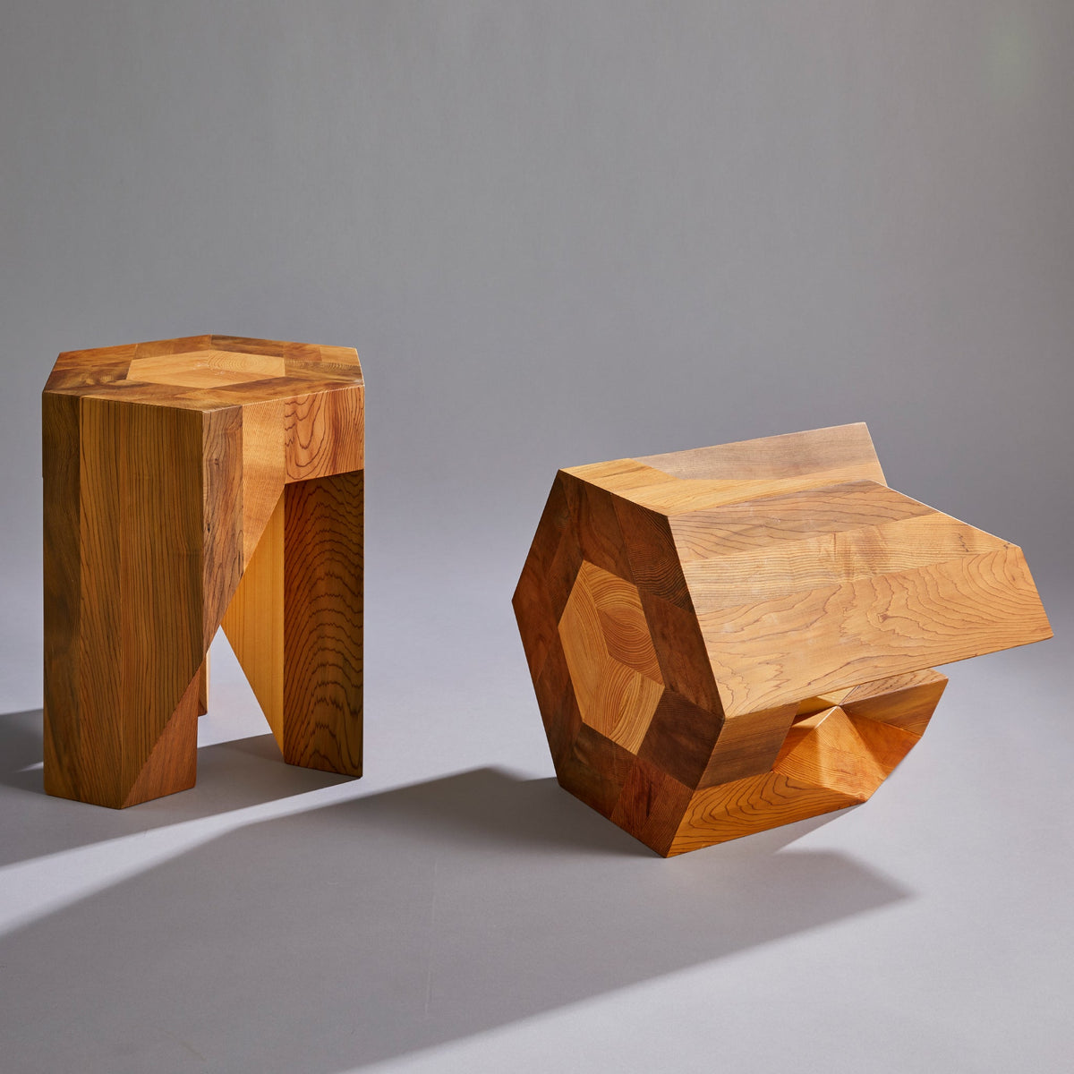 Yosegi Pair Stool - Jindai Cedar Edition -Furniture-Yoshiaki Ito Design japanese furniture style One side